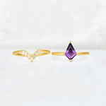 Kite Cut Amethyst Baguette Chevron Bridal Ring Set - White-Gold