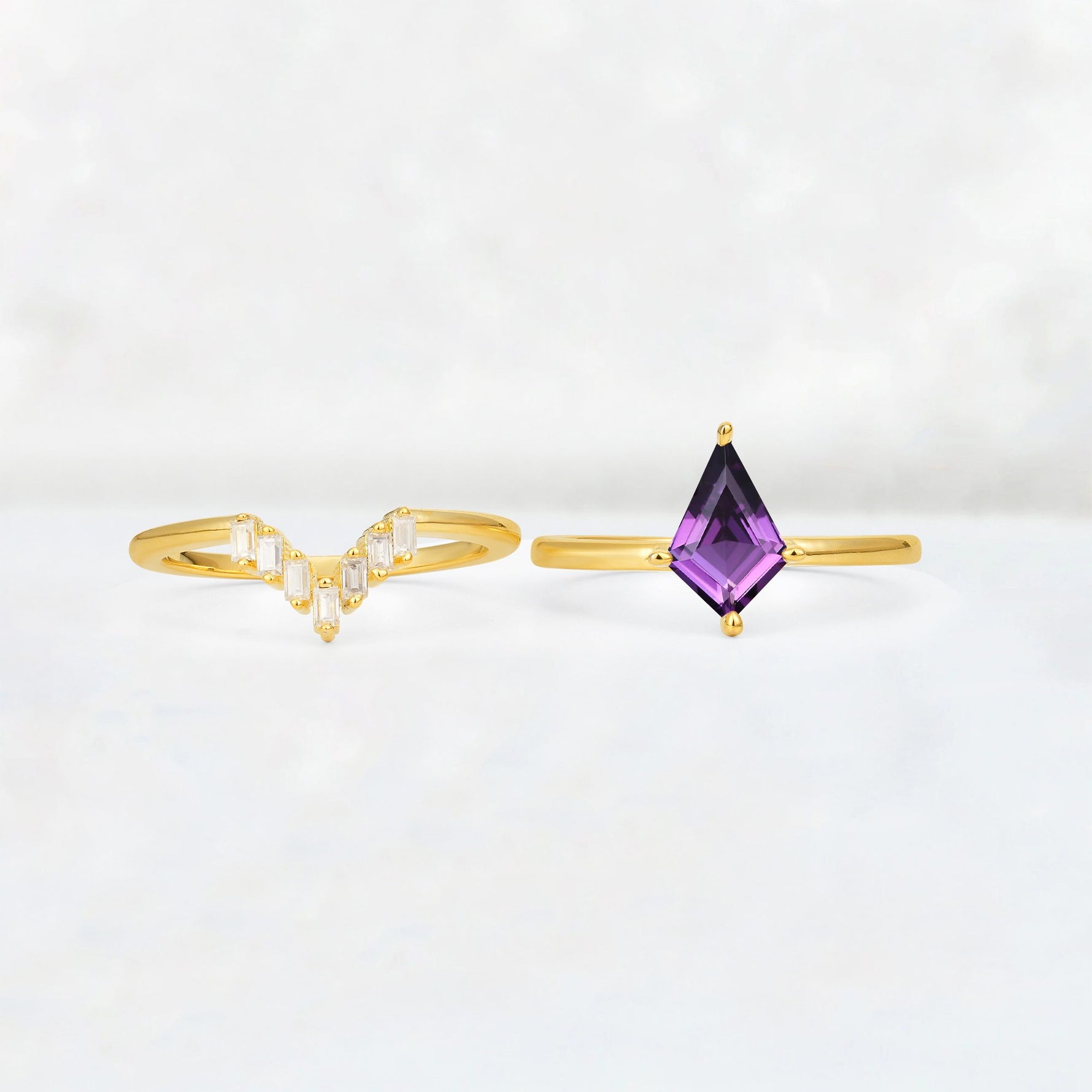 Kite Cut Amethyst Baguette Chevron Bridal Ring Set - White-Gold