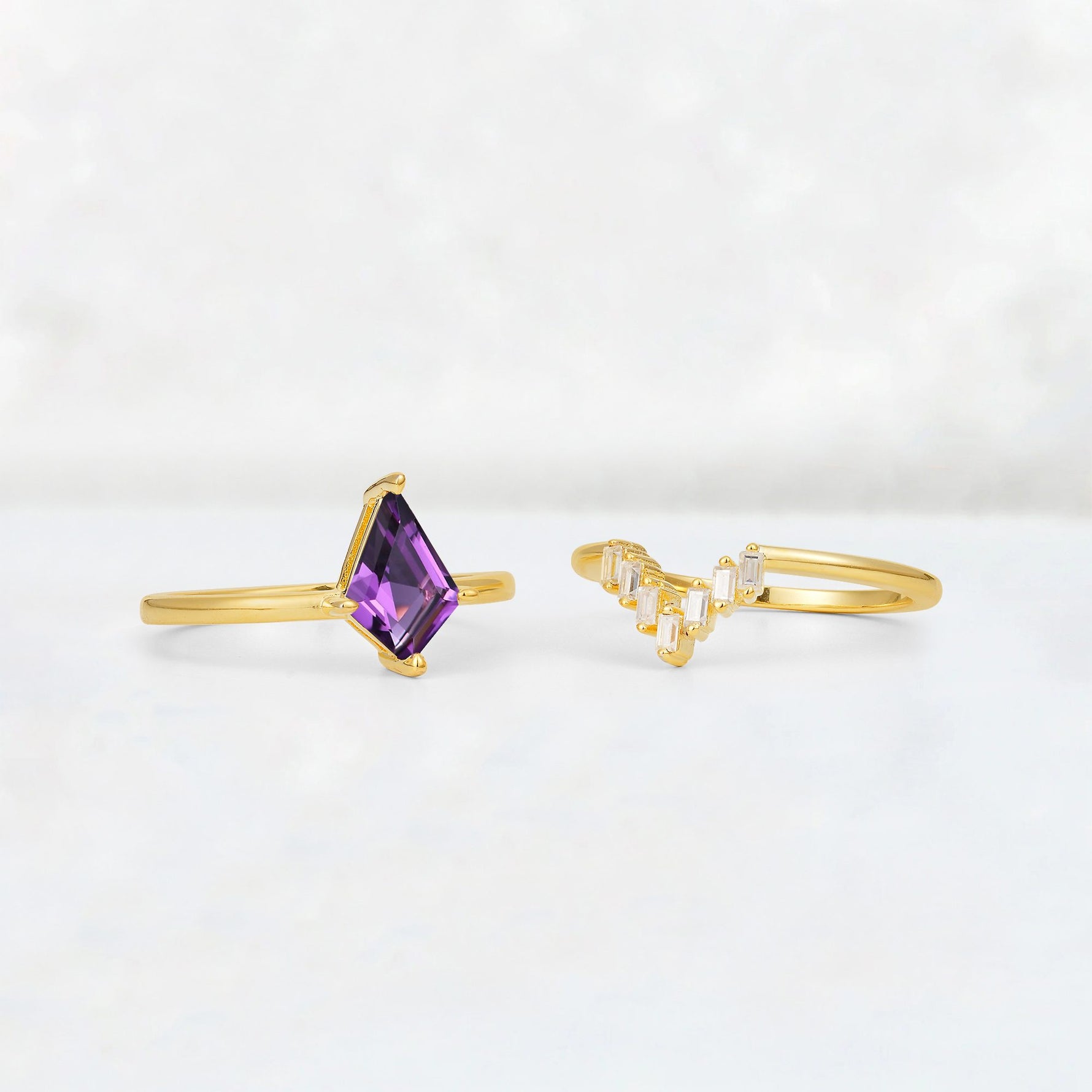 Kite Cut Amethyst Baguette Chevron Bridal Ring Set - Additional view