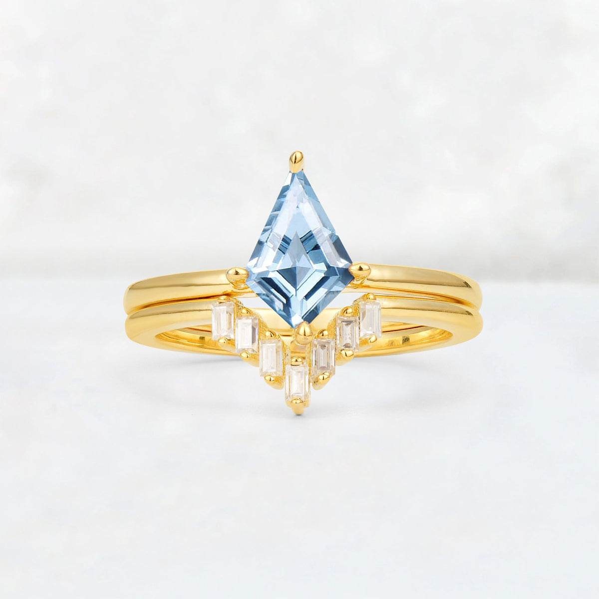 Kite Cut Aquamarine Baguette Chevron Bridal Ring Set - Yellow-Gold