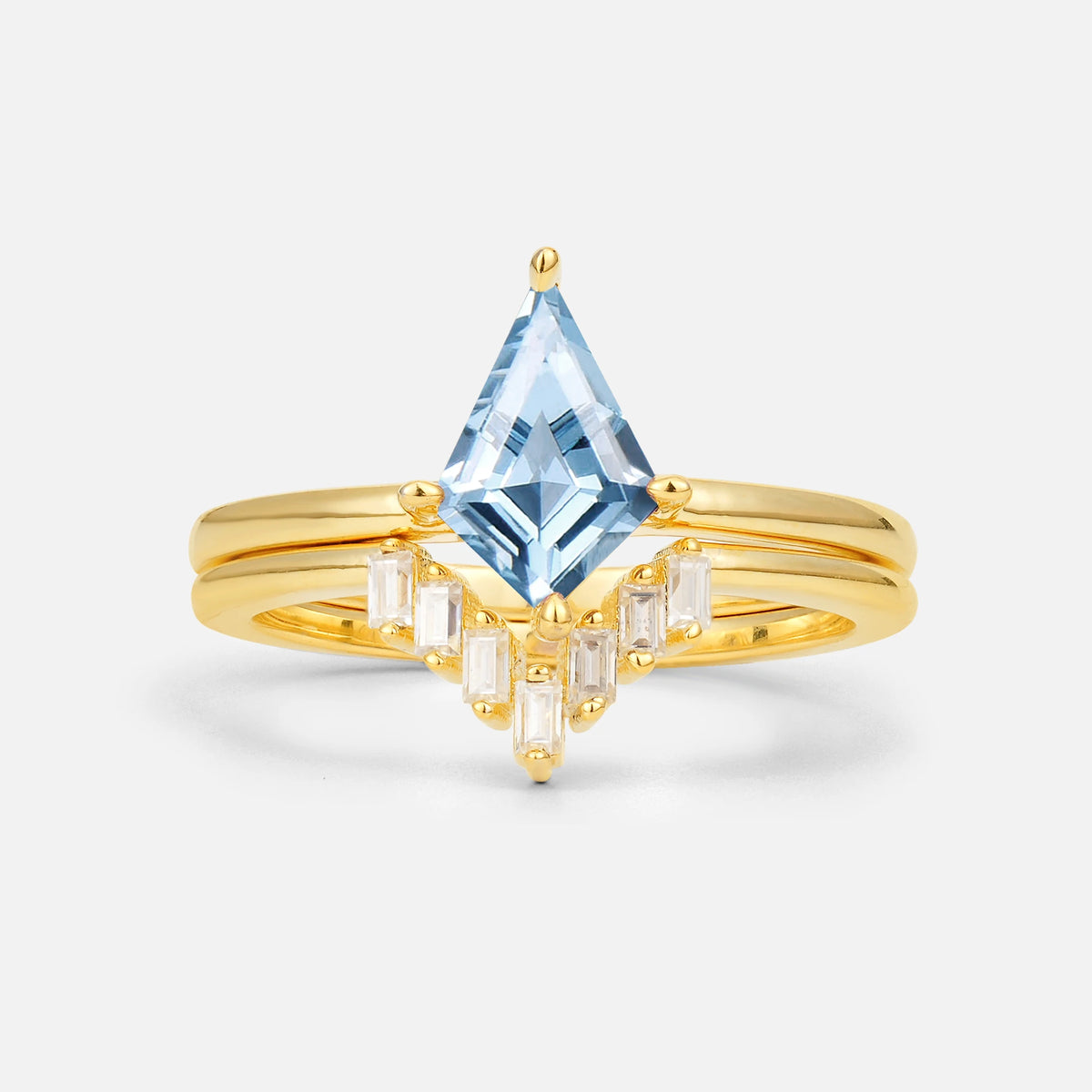 Kite Cut Aquamarine Baguette Chevron Bridal Ring Set - Yellow-Gold