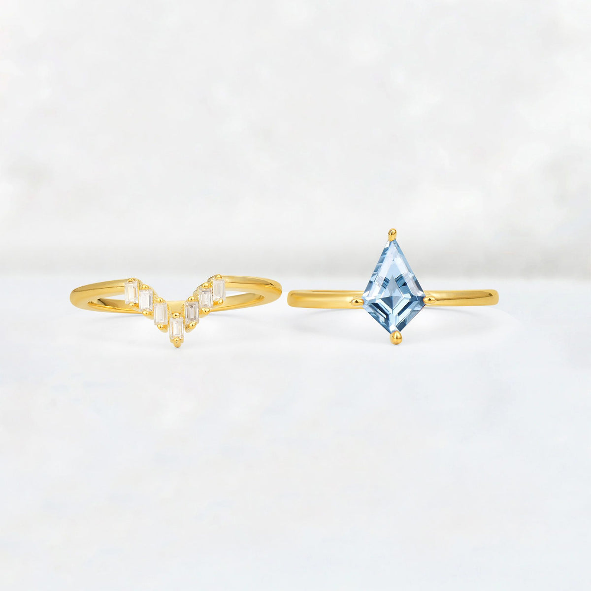 Kite Cut Aquamarine Baguette Chevron Bridal Ring Set - White-Gold