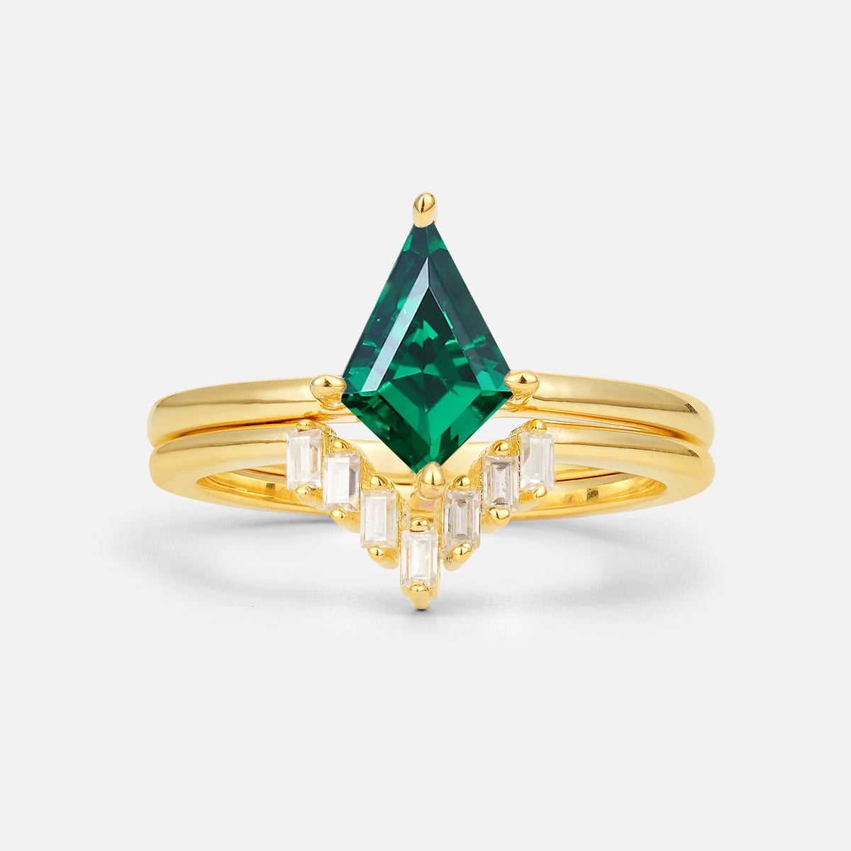 Kite Cut Emerald Baguette Chevron Bridal Ring Set - Yellow-Gold