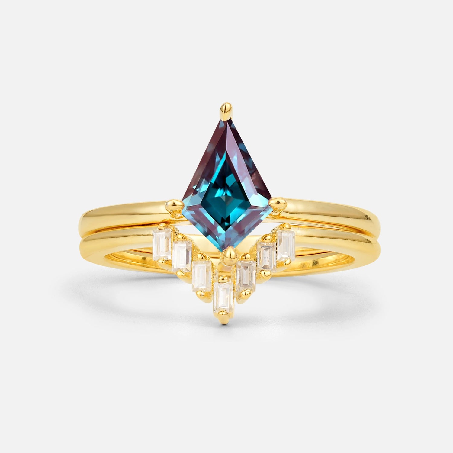 Kite Cut Alexandrite Baguette Chevron Bridal Ring Set - Yellow-Gold