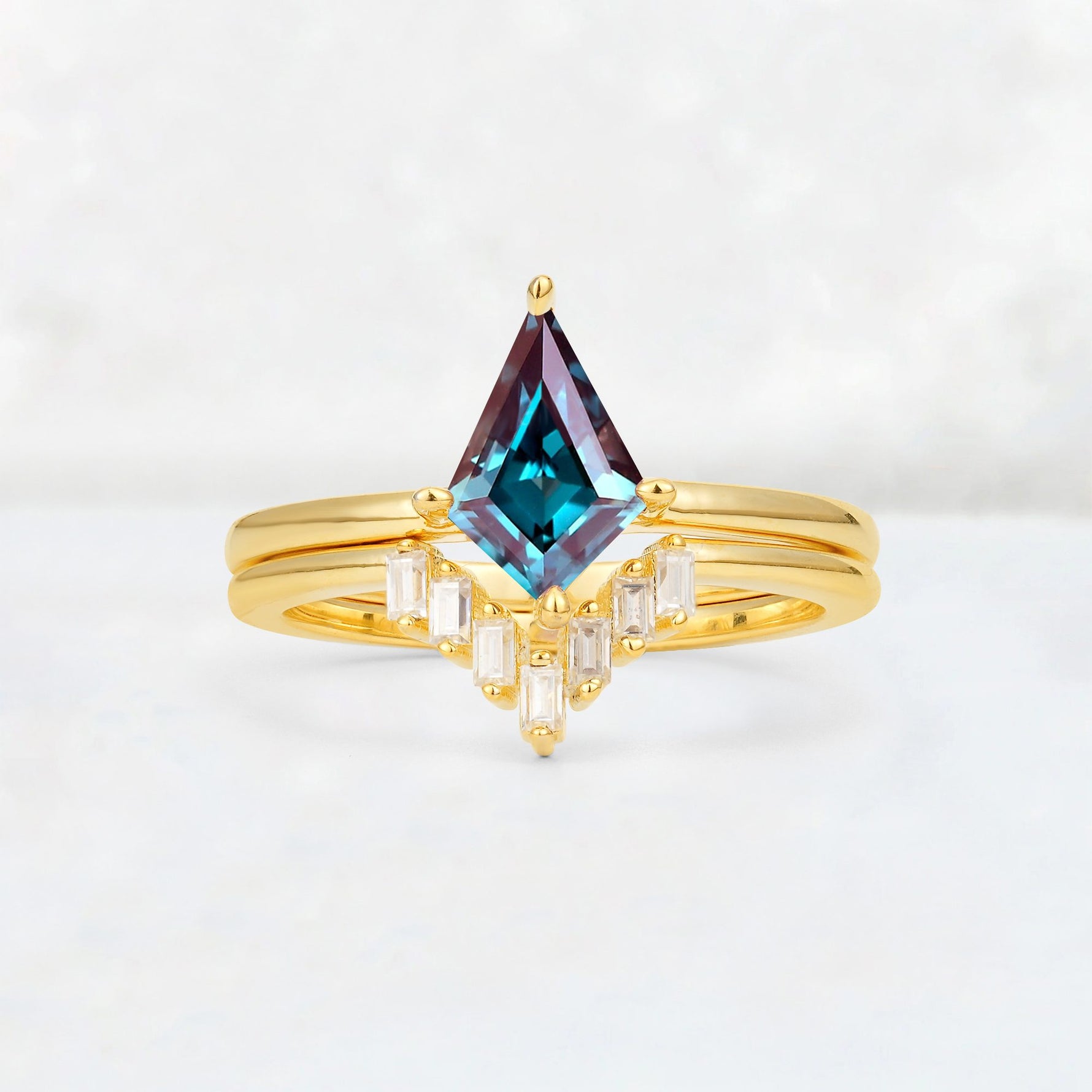 Kite Cut Alexandrite Baguette Chevron Bridal Ring Set - Yellow-Gold