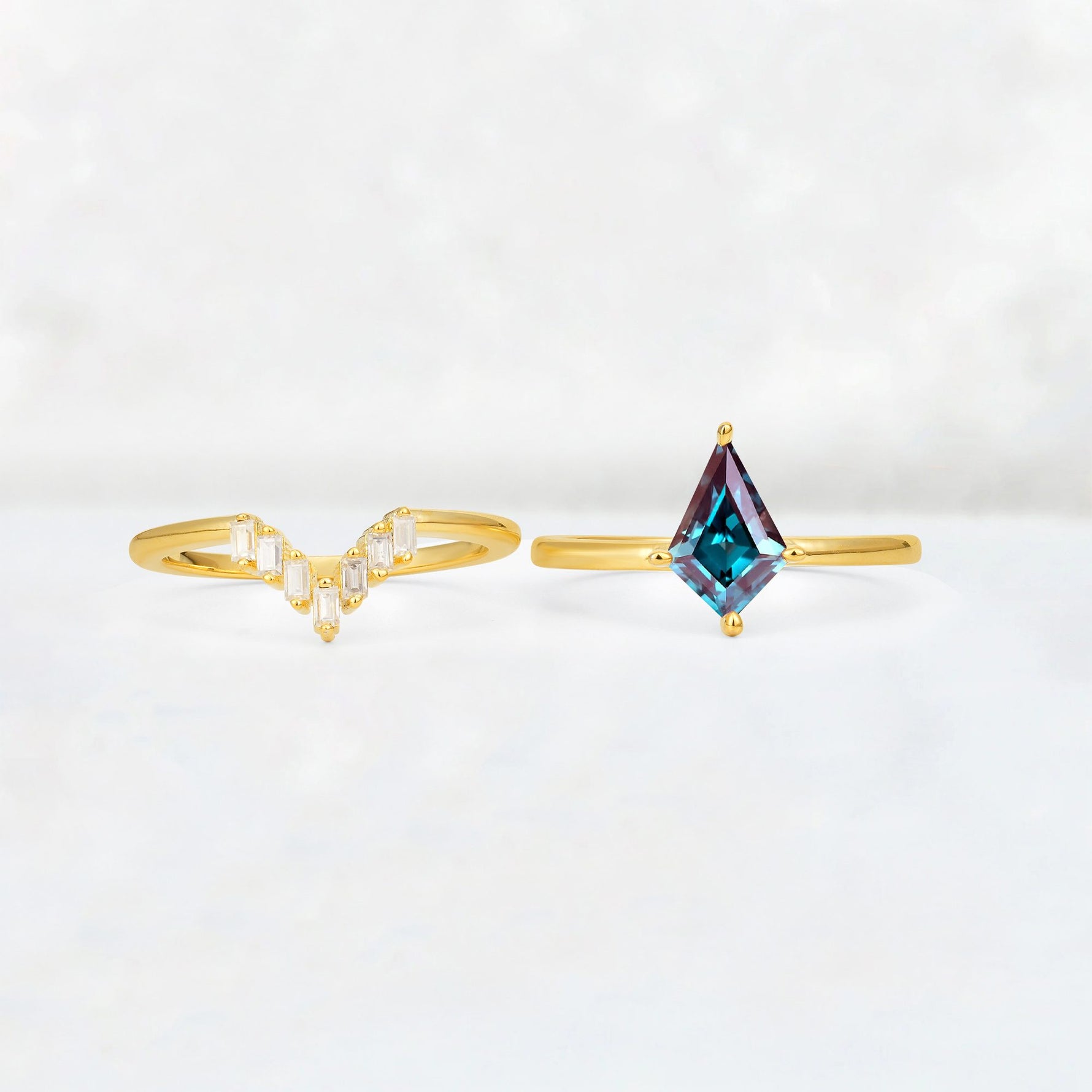 Kite Cut Alexandrite Baguette Chevron Bridal Ring Set - White-Gold