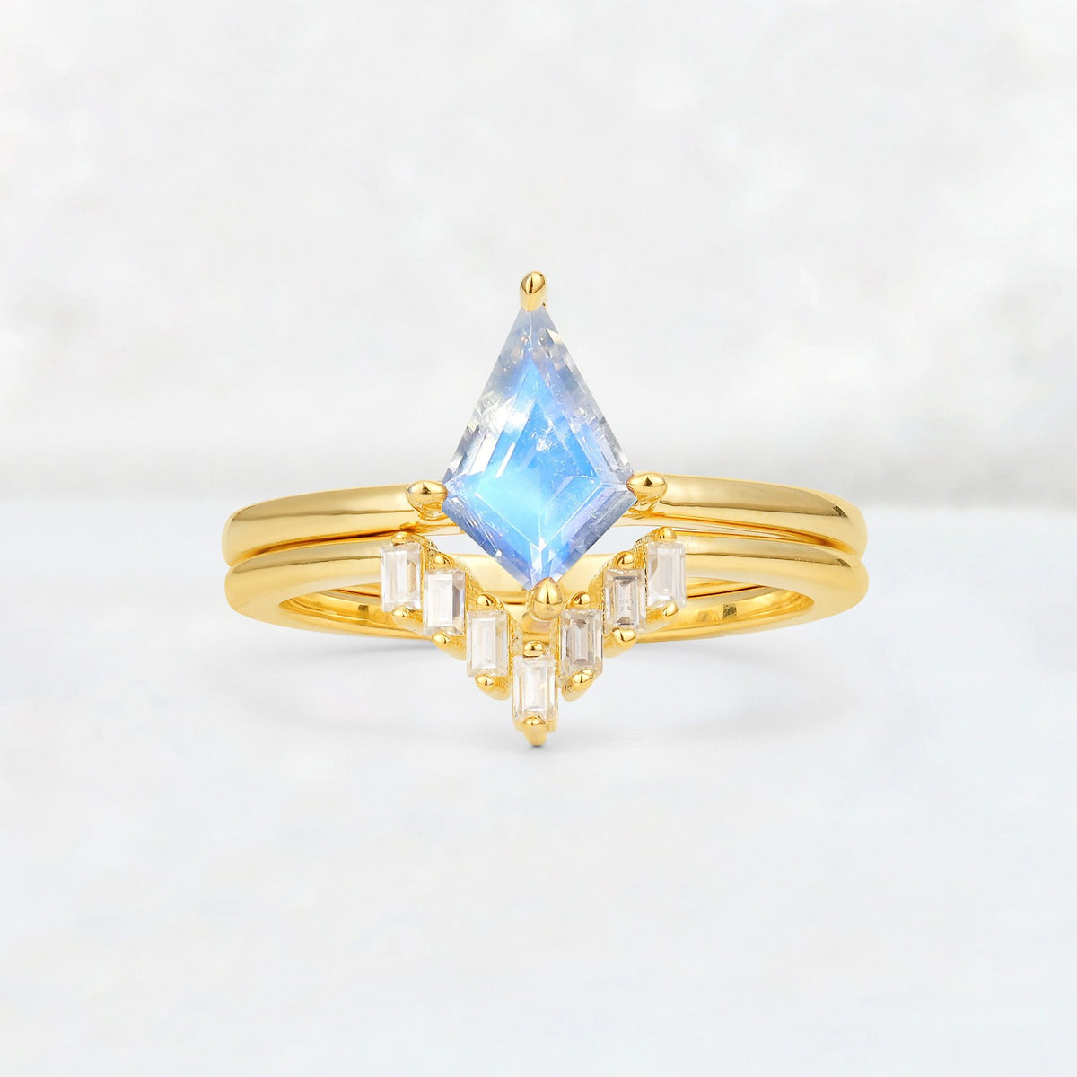 Kite Cut Moonstone Baguette Chevron Bridal Ring Set - Yellow-Gold