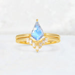 Kite Cut Moonstone Baguette Chevron Bridal Ring Set - Yellow-Gold