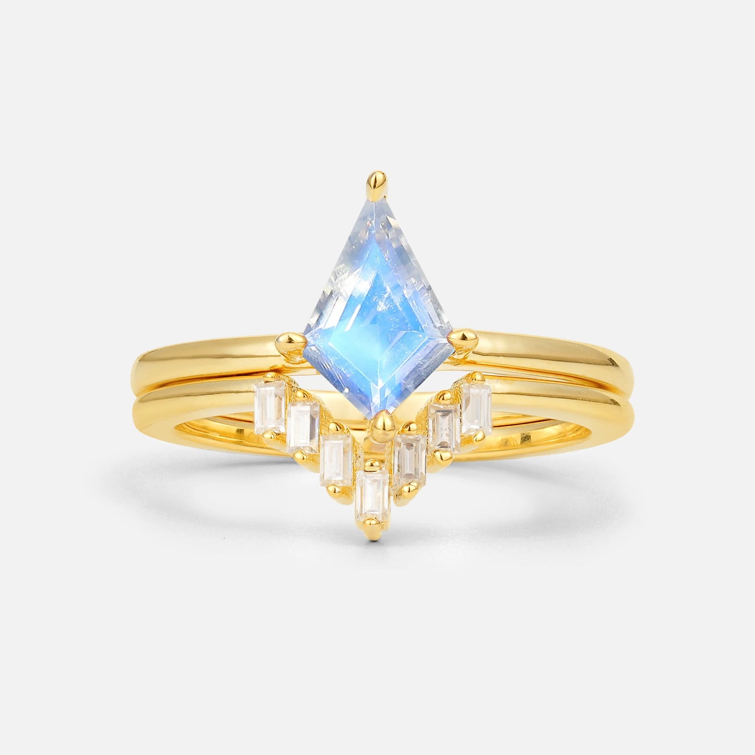 Kite Cut Moonstone Baguette Chevron Bridal Ring Set - Yellow-Gold
