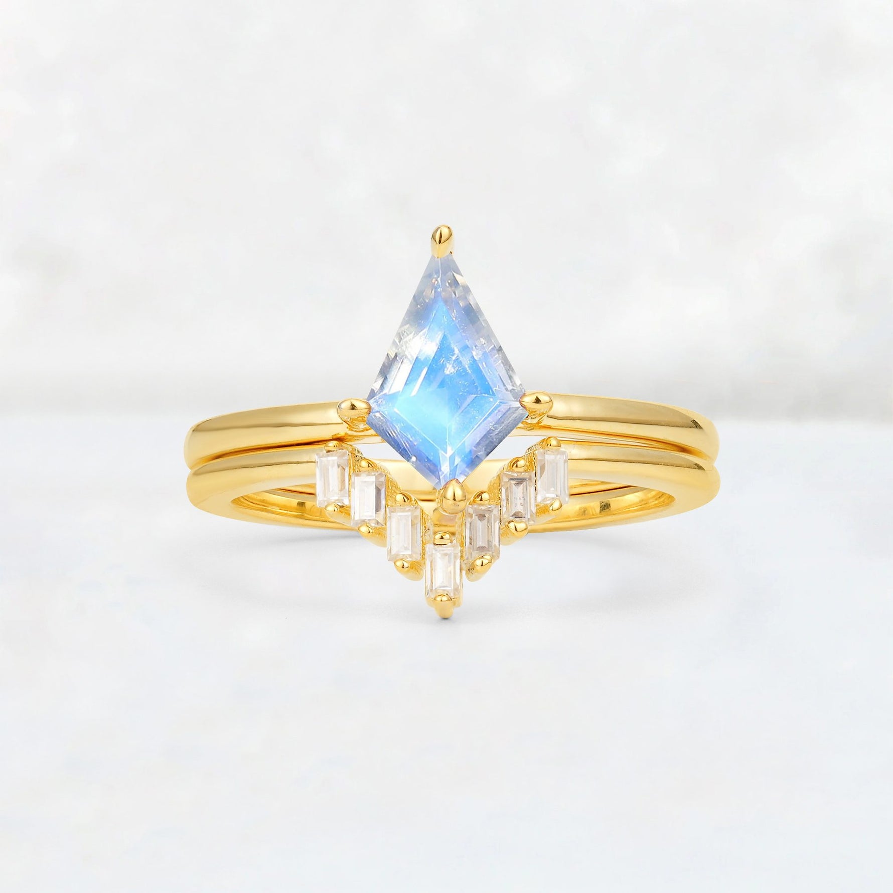 Kite Cut Moonstone Baguette Chevron Bridal Ring Set - Yellow-Gold