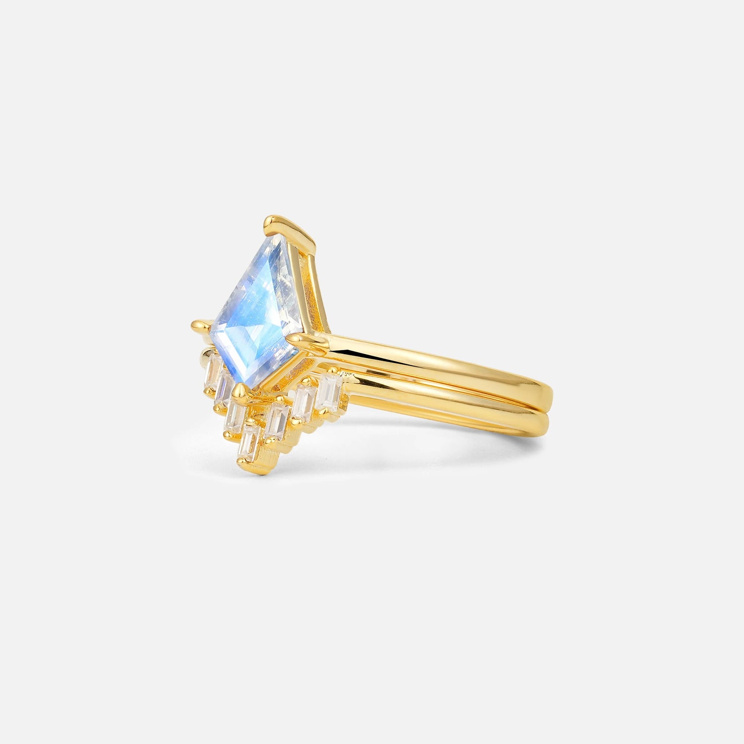 Kite Cut Moonstone Baguette Chevron Bridal Ring Set - Rose-Gold