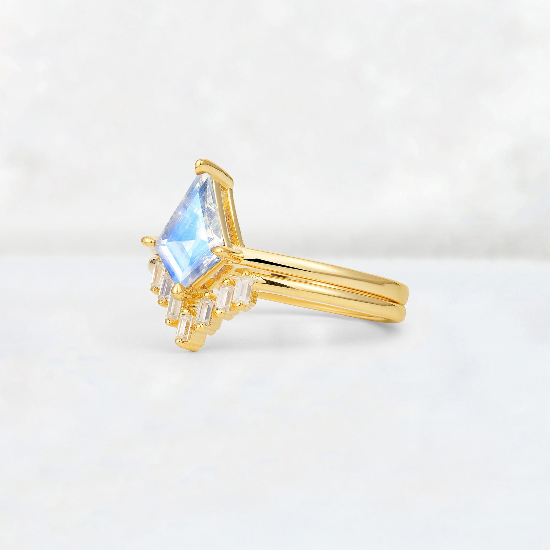 Kite Cut Moonstone Baguette Chevron Bridal Ring Set - Rose-Gold