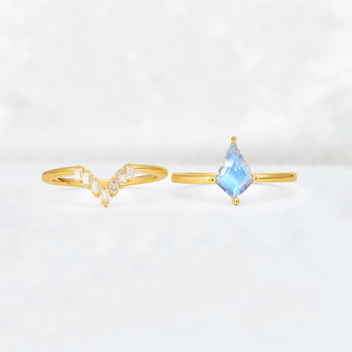 Kite Cut Moonstone Baguette Chevron Bridal Ring Set - White-Gold