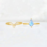 Kite Cut Moonstone Baguette Chevron Bridal Ring Set - White-Gold