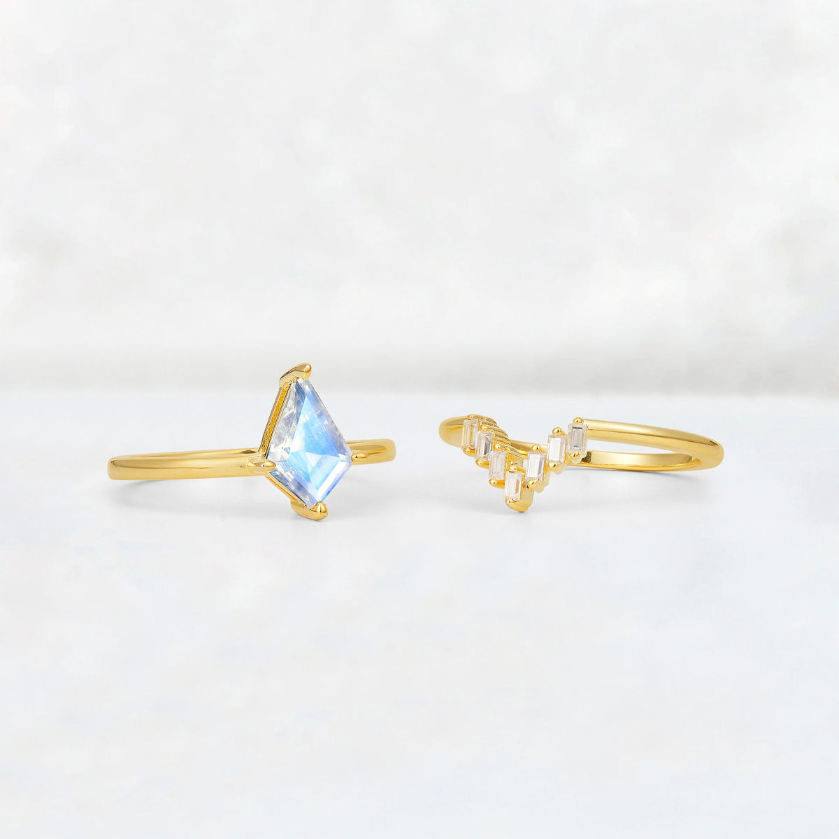 Kite Cut Moonstone Baguette Chevron Bridal Ring Set - Additional view