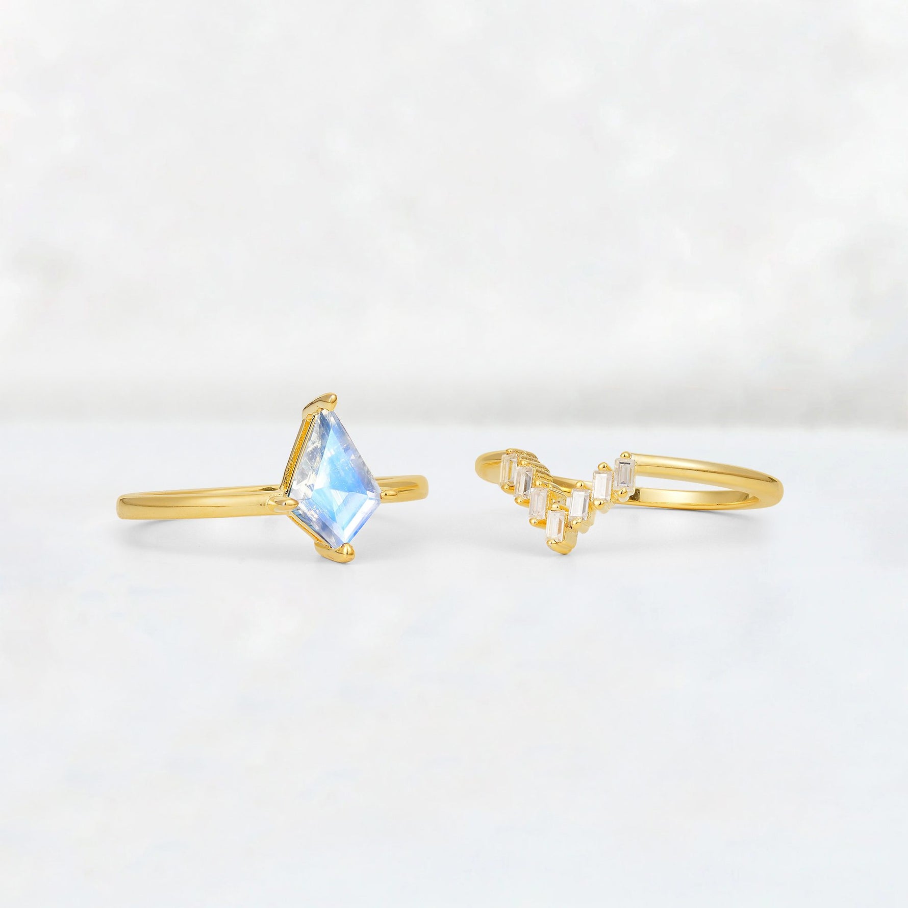 Kite Cut Moonstone Baguette Chevron Bridal Ring Set - Additional view