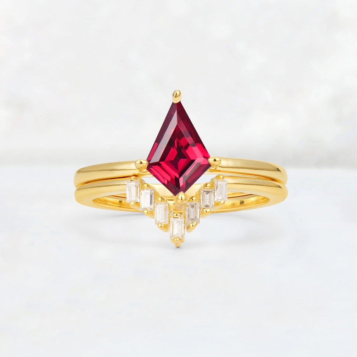 Kite Cut Ruby Baguette Chevron Bridal Ring Set - Yellow-Gold