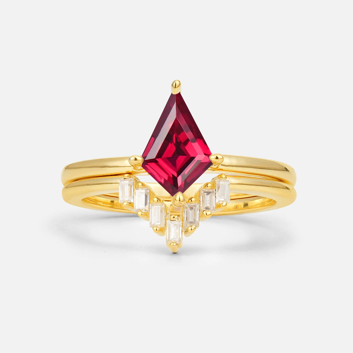 Kite Cut Ruby Baguette Chevron Bridal Ring Set - Yellow-Gold