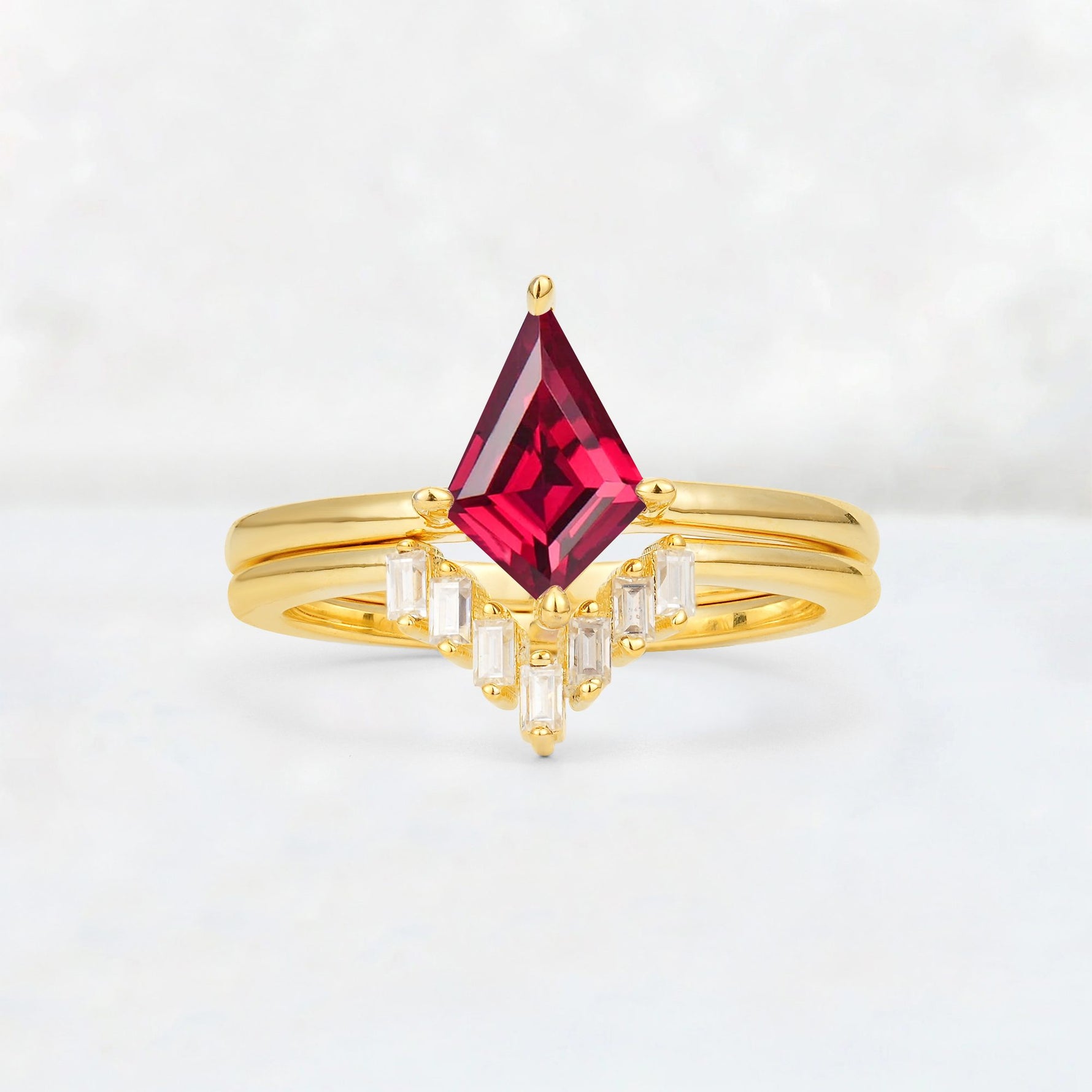 Kite Cut Ruby Baguette Chevron Bridal Ring Set - Yellow-Gold