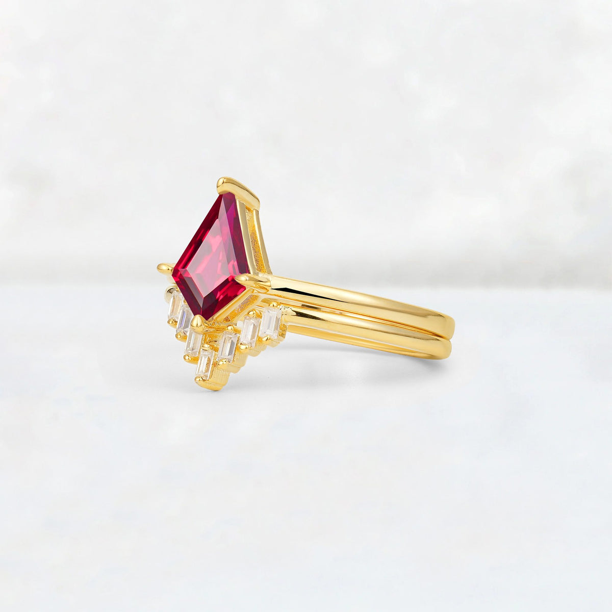 Kite Cut Ruby Baguette Chevron Bridal Ring Set - Rose-Gold