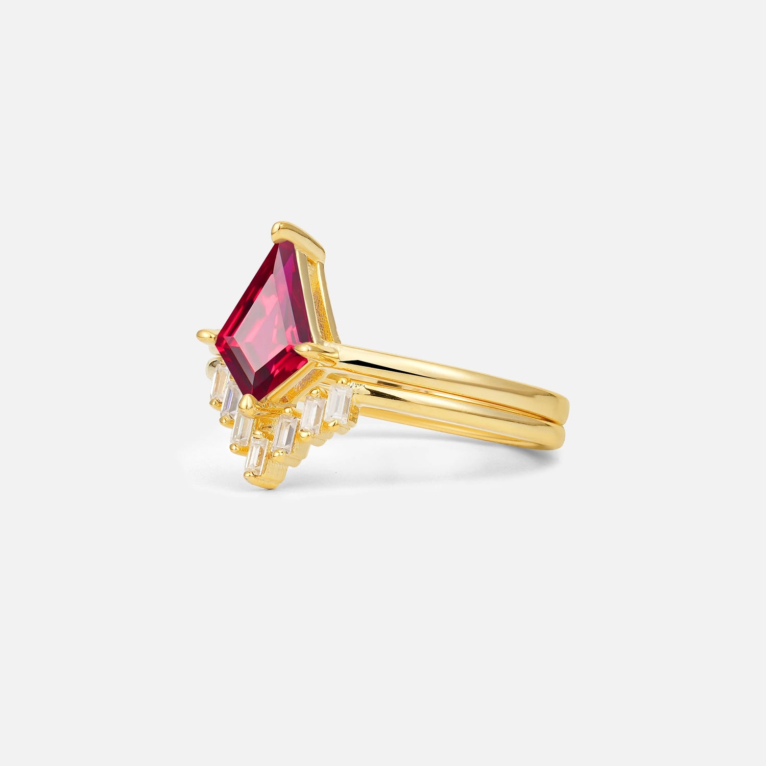 Kite Cut Ruby Baguette Chevron Bridal Ring Set - Rose-Gold