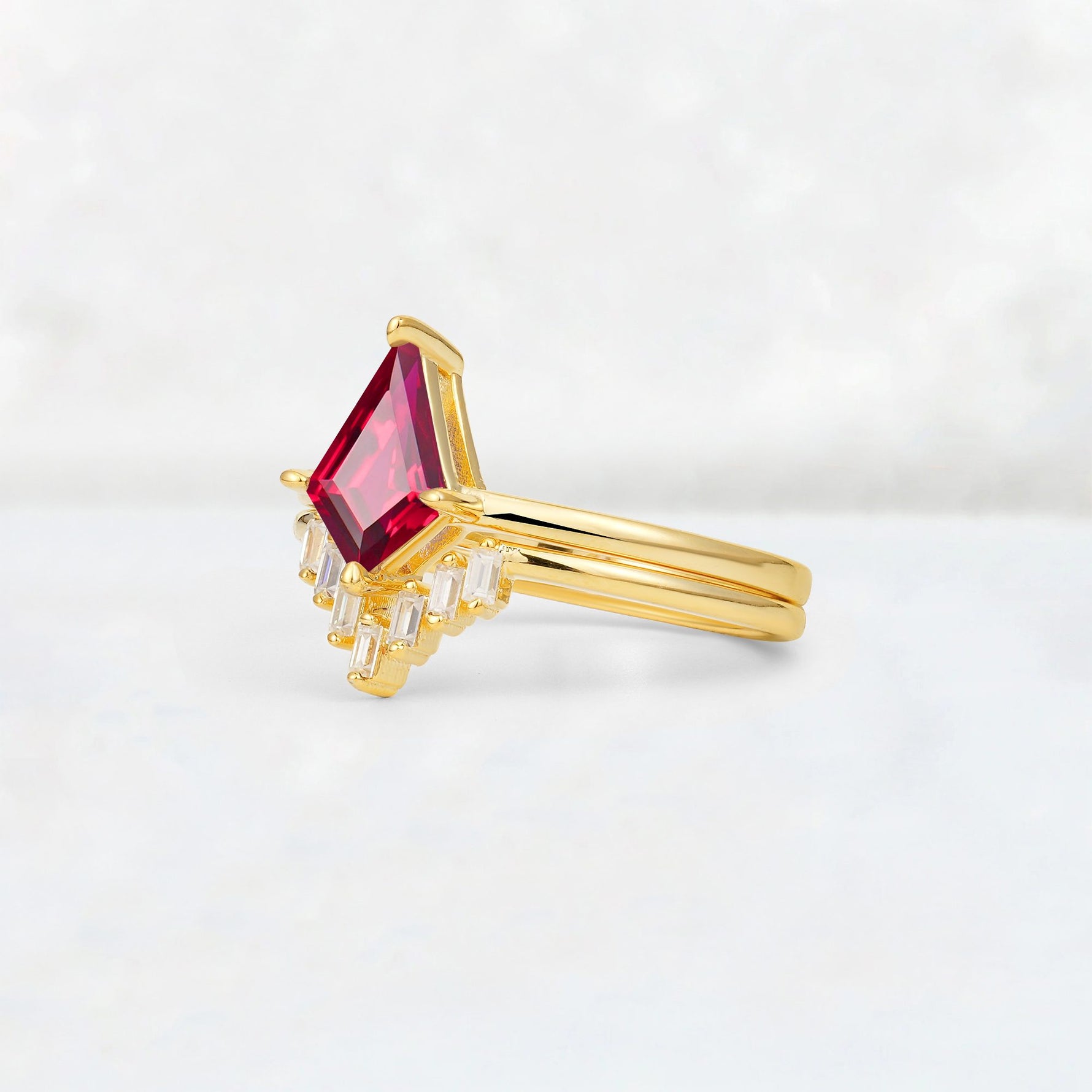 Kite Cut Ruby Baguette Chevron Bridal Ring Set - Rose-Gold