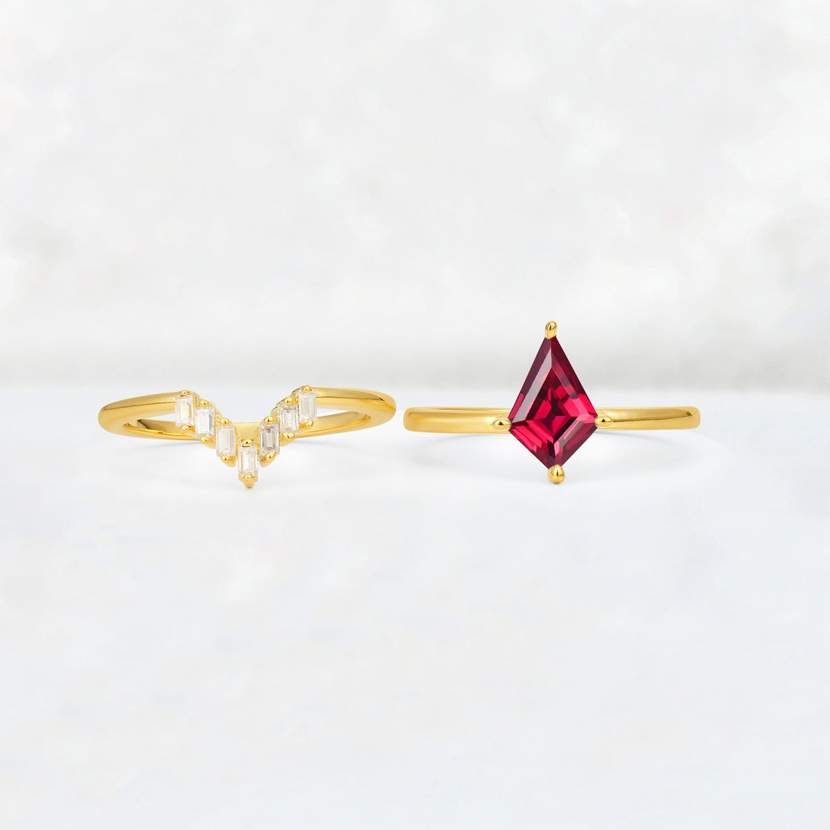 Kite Cut Ruby Baguette Chevron Bridal Ring Set - White-Gold