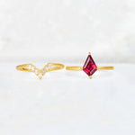 Kite Cut Ruby Baguette Chevron Bridal Ring Set - White-Gold