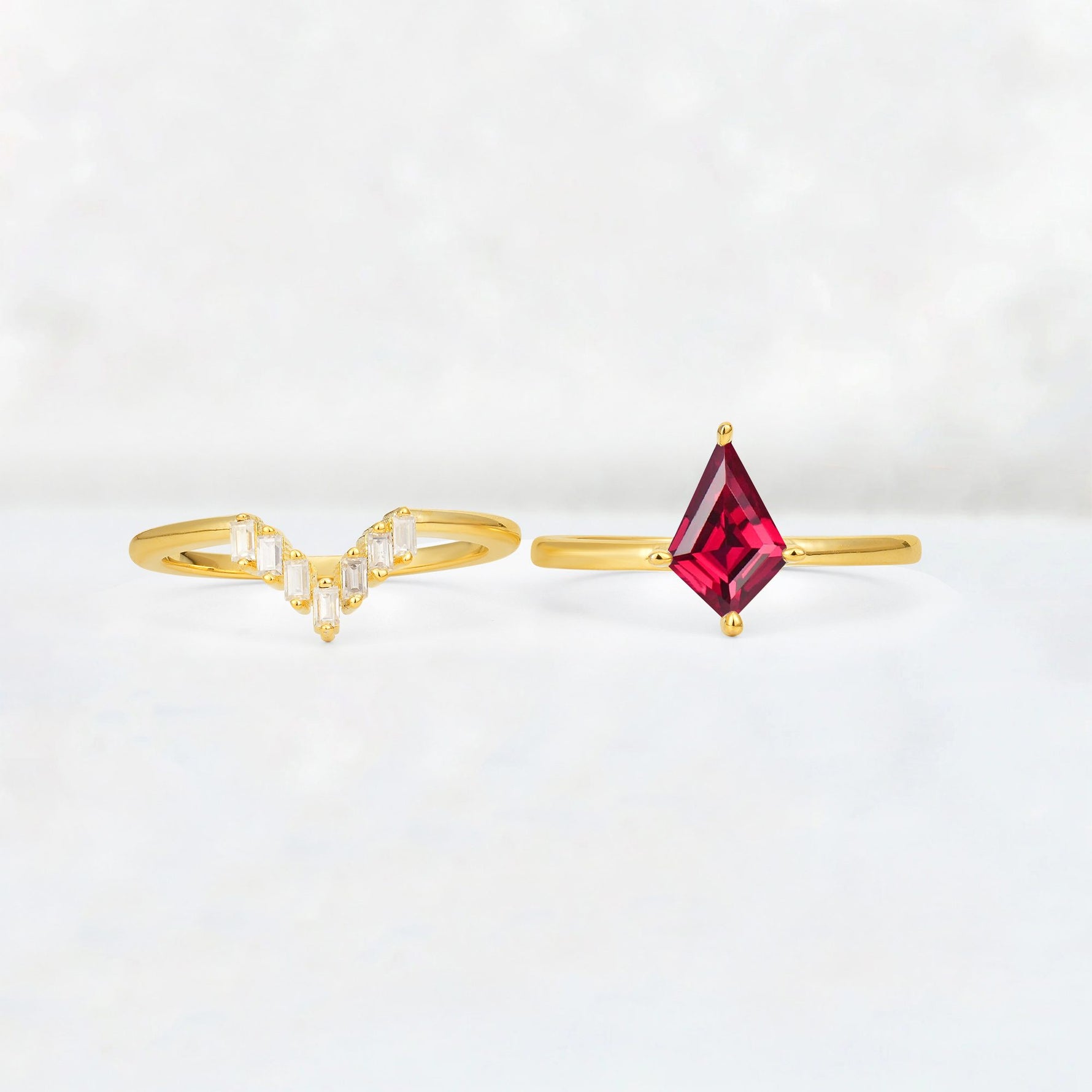 Kite Cut Ruby Baguette Chevron Bridal Ring Set - White-Gold