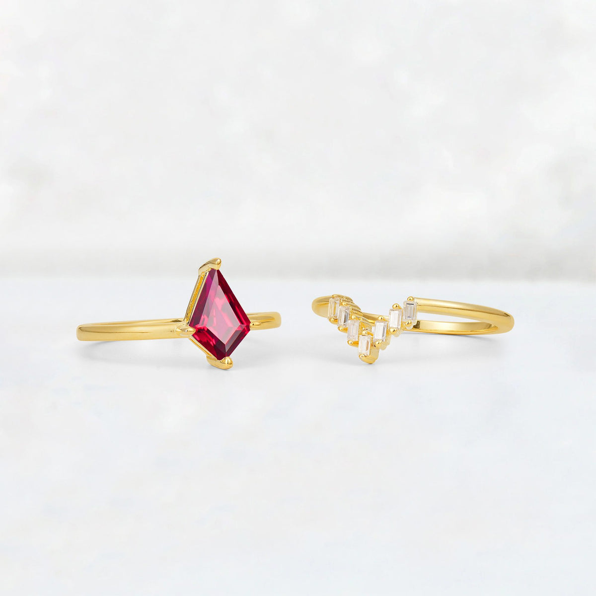 Kite Cut Ruby Baguette Chevron Bridal Ring Set - Additional view