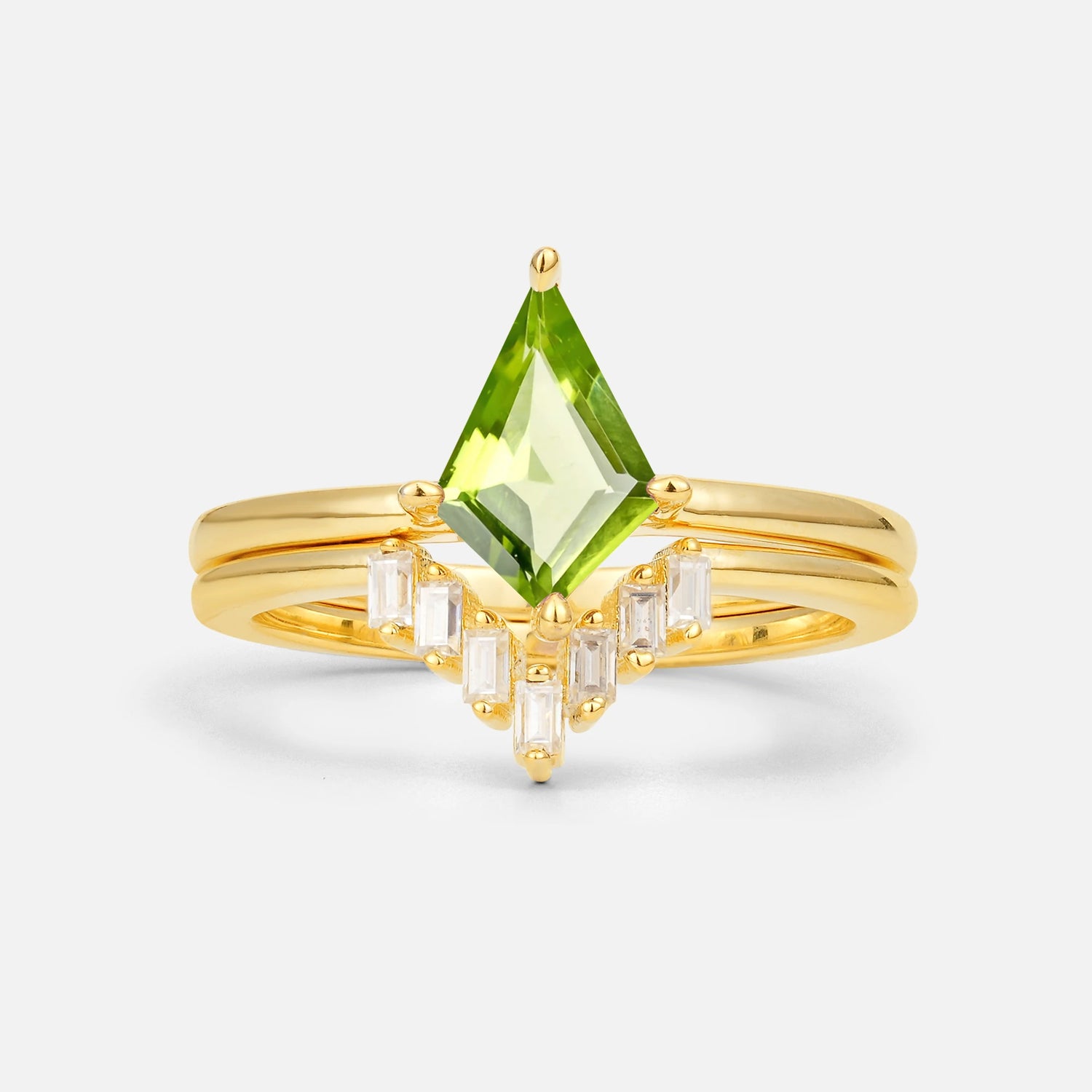 Kite Cut Peridot Baguette Chevron Bridal Ring Set - Yellow-Gold