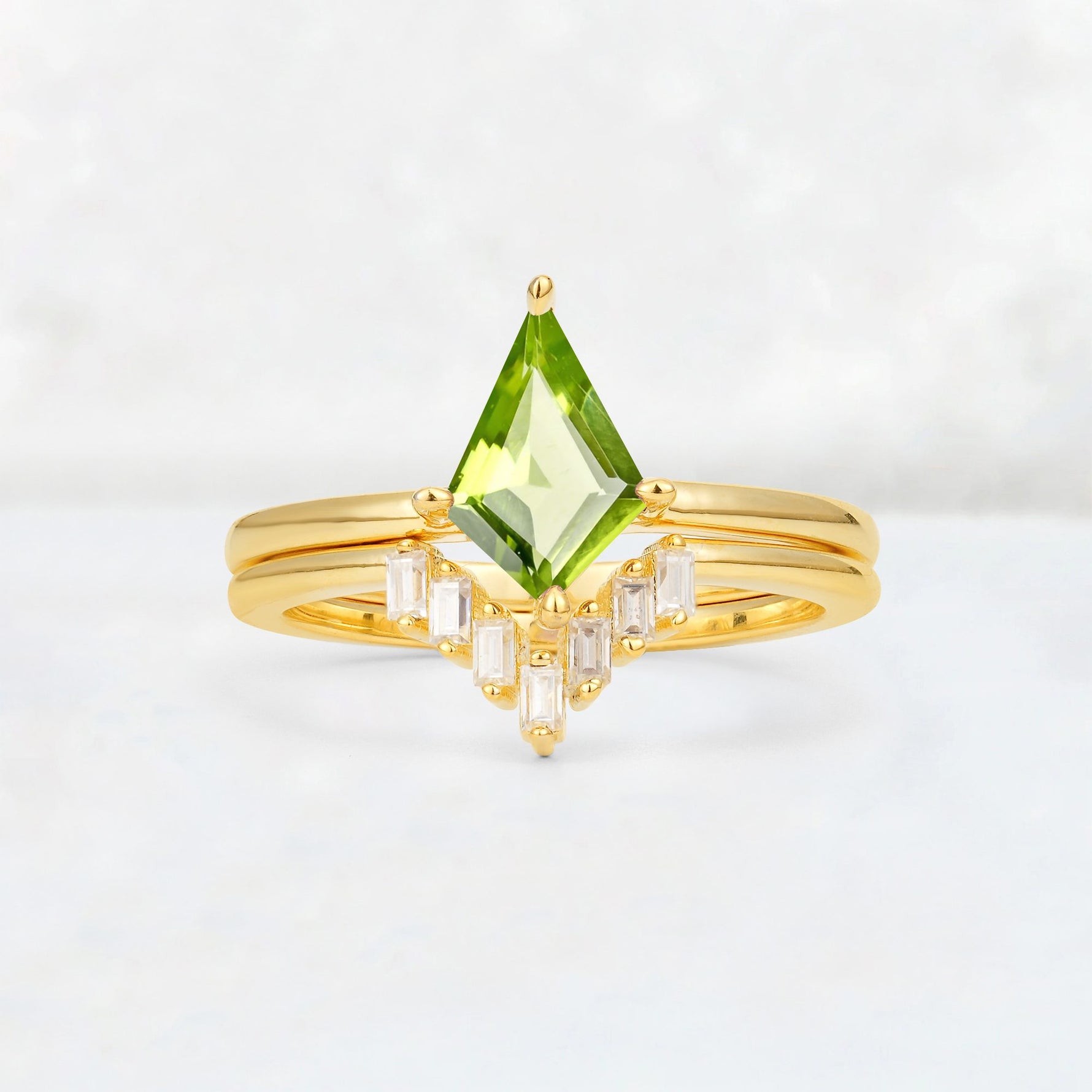 Kite Cut Peridot Baguette Chevron Bridal Ring Set - Yellow-Gold