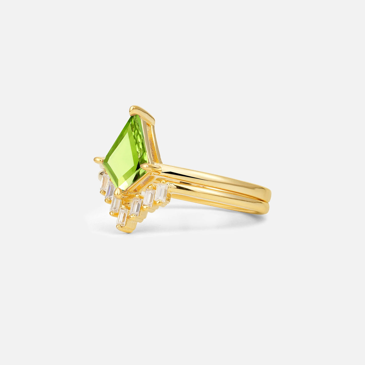 Kite Cut Peridot Baguette Chevron Bridal Ring Set - Rose-Gold