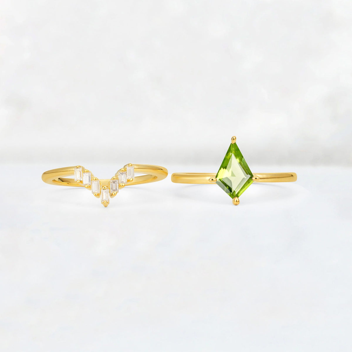 Kite Cut Peridot Baguette Chevron Bridal Ring Set - White-Gold