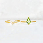 Kite Cut Peridot Baguette Chevron Bridal Ring Set - White-Gold