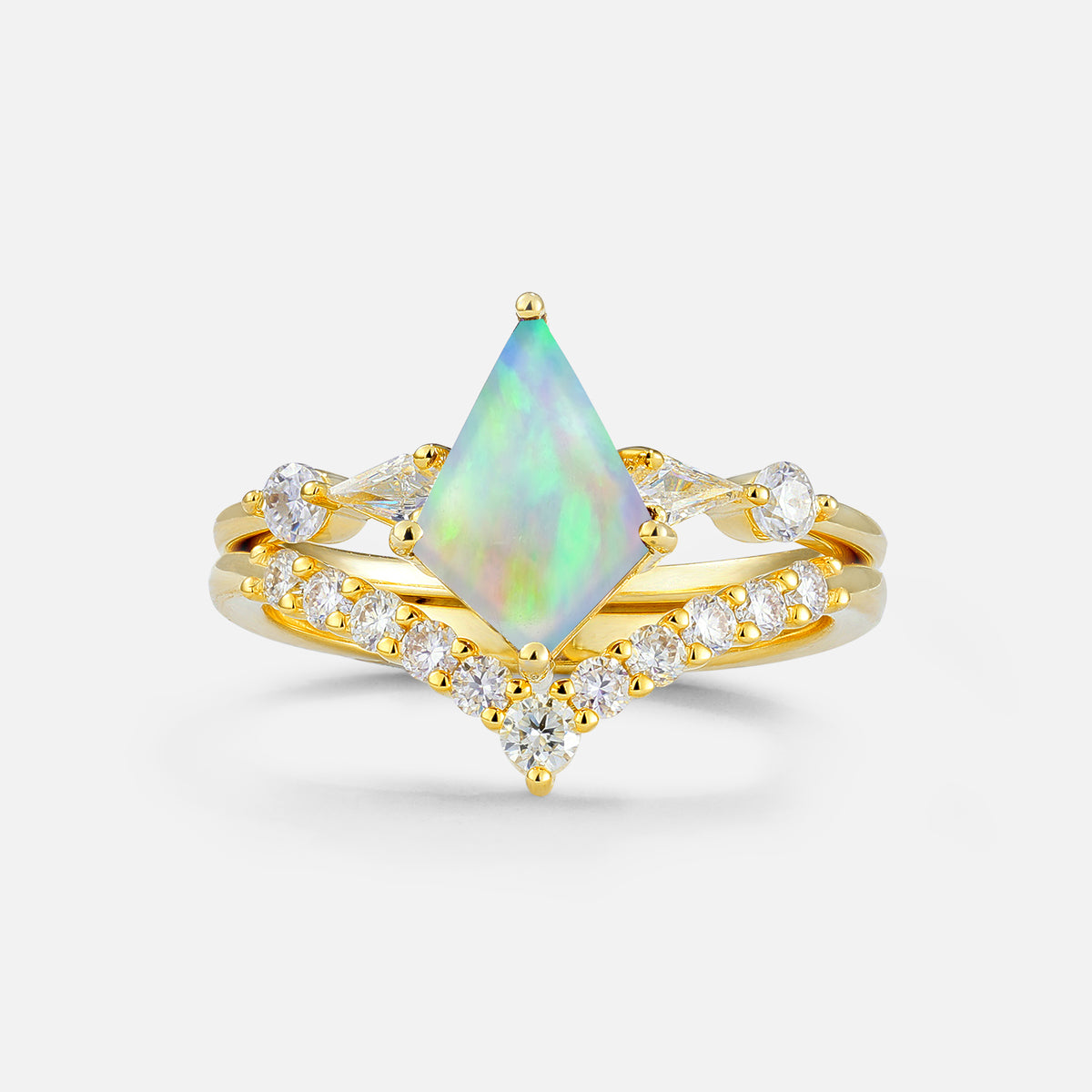 Classic 4 Prong Sparkling Kite-Cut Opal Bridal Ring Set