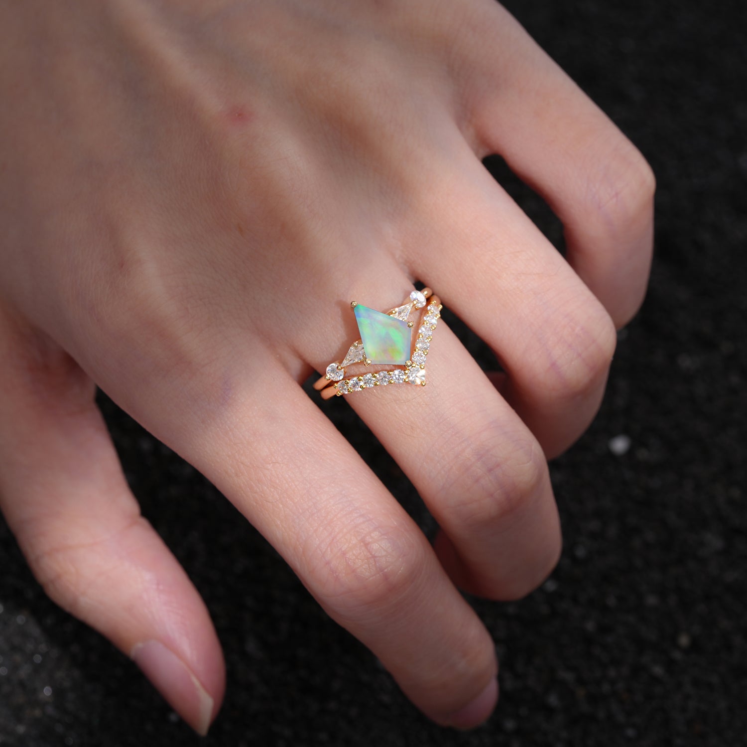 Classic 4 Prong Sparkling Kite-Cut Opal Bridal Ring Set