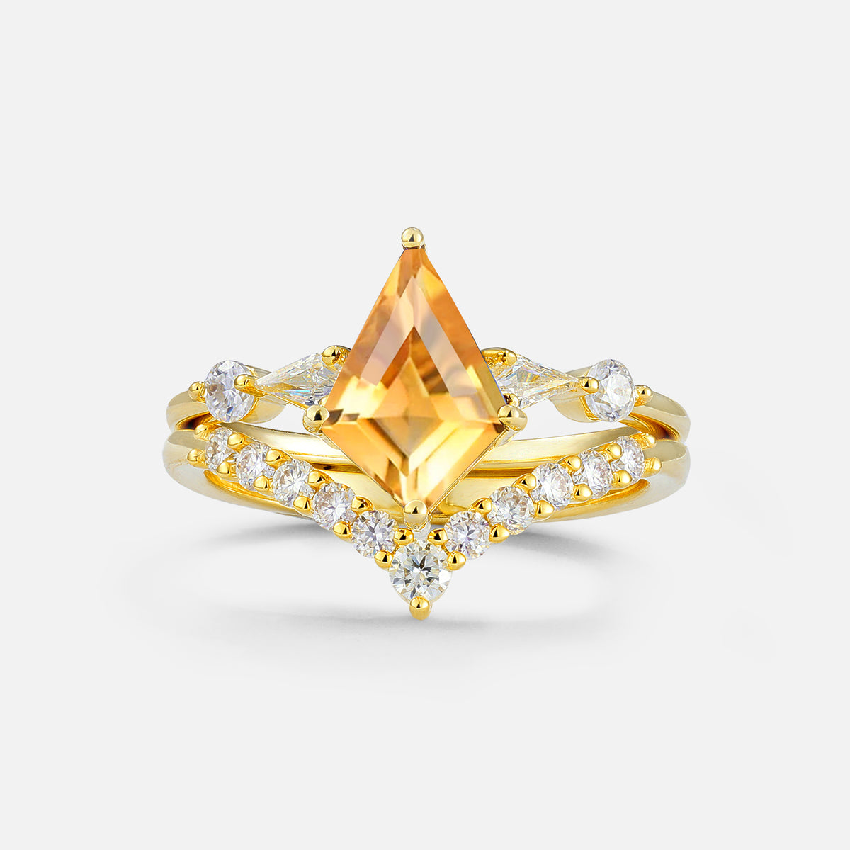 Classic 4 Prong Sparkling Kite-Cut Citrine Bridal Ring Set