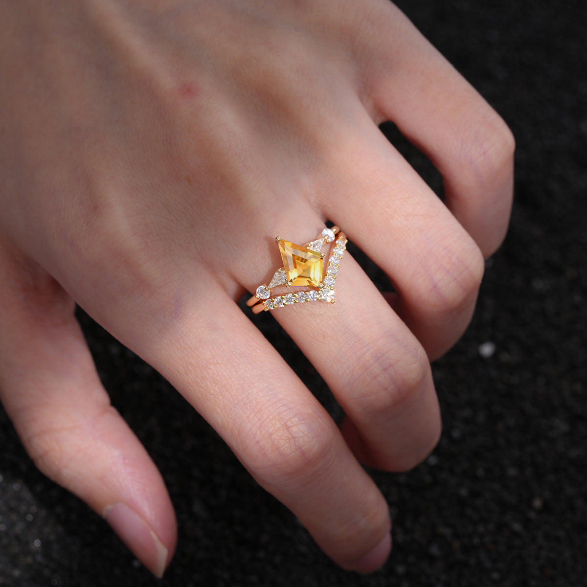 Classic 4 Prong Sparkling Kite-Cut Citrine Bridal Ring Set