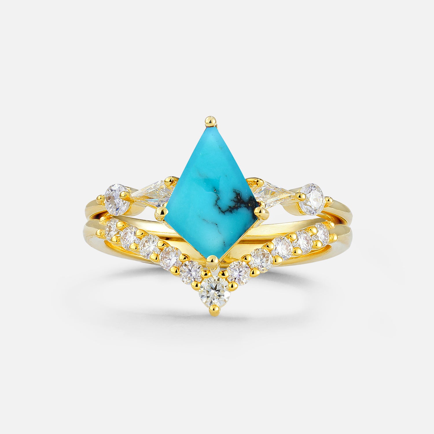 Classic 4 Prong Sparkling Kite-Cut Turquoise Bridal Ring Set