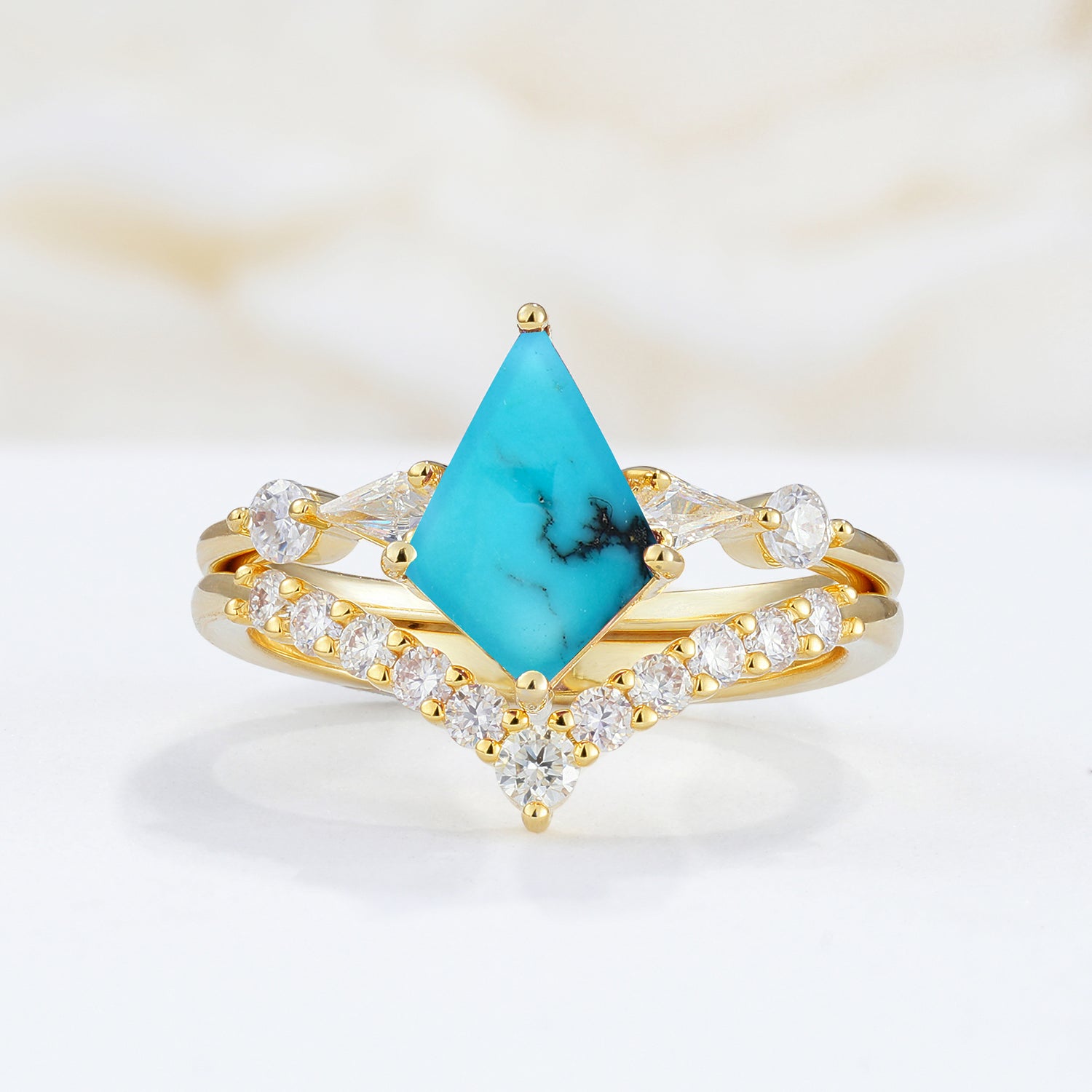 Classic 4 Prong Sparkling Kite-Cut Turquoise Bridal Ring Set