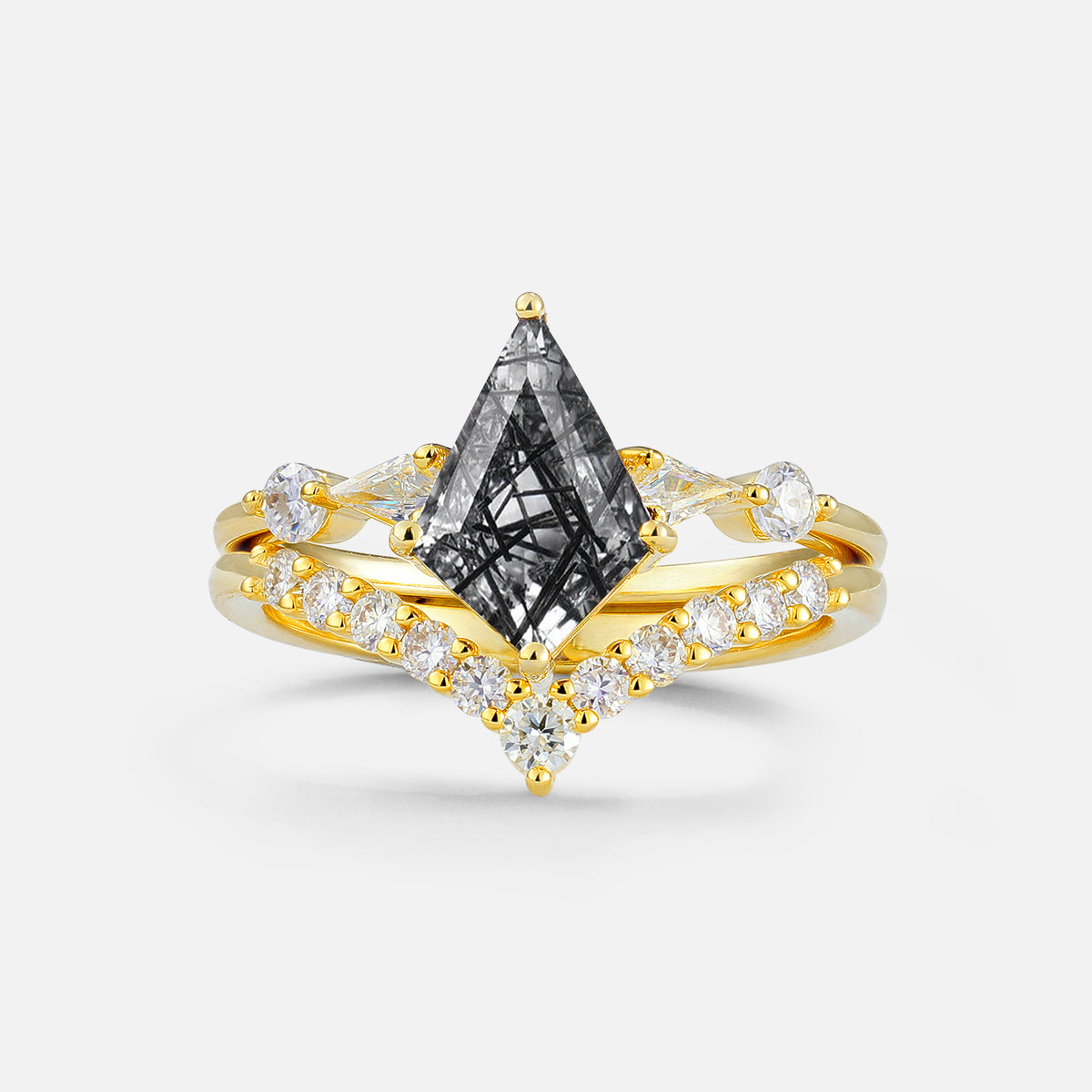 Classic 4 Prong Sparkling Kite-Cut Black Rutilated Quartz Bridal Ring Set