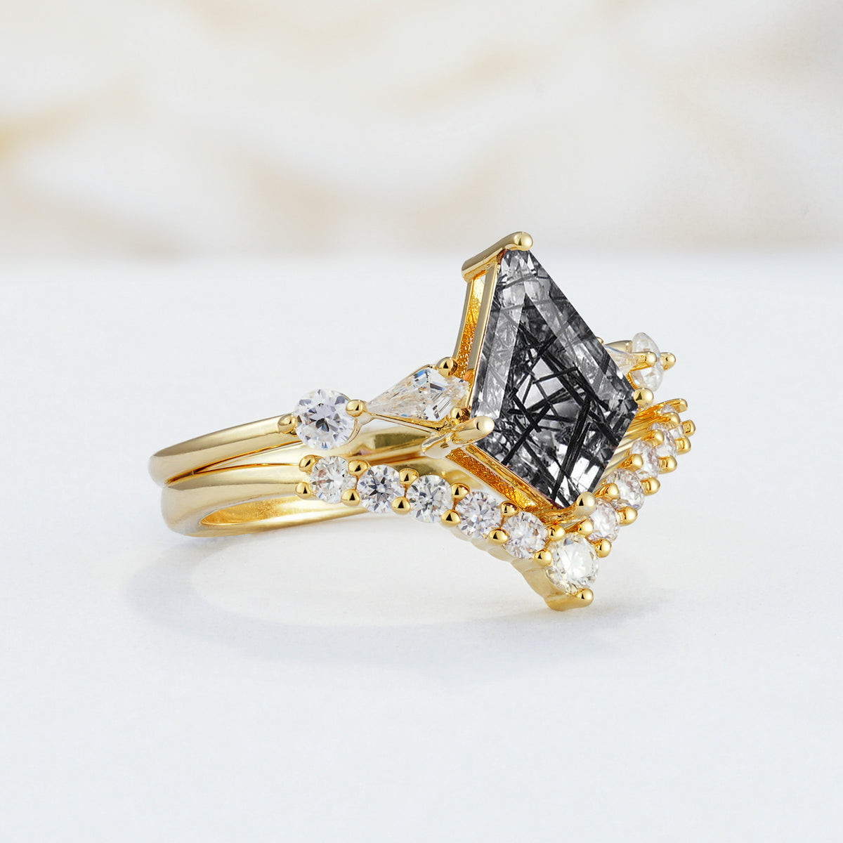 SR17101 Black Rutilated Quartz Ring - White-Gold