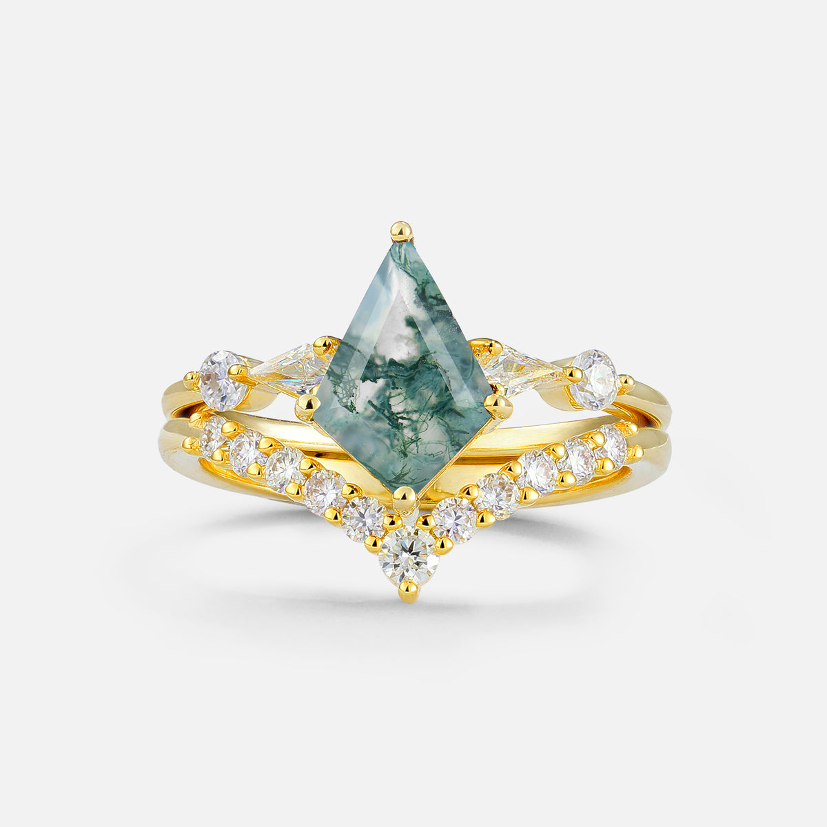 Classic 4 Prong Sparkling Kite-Cut Moss Agate Bridal Ring Set