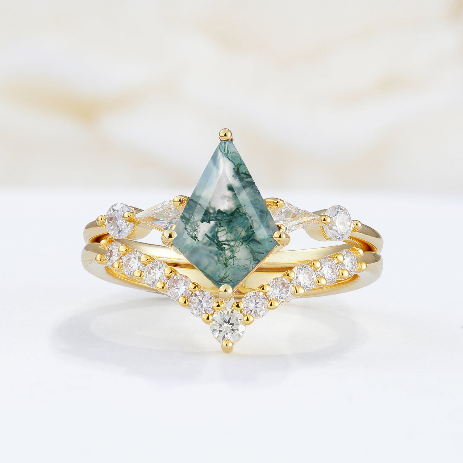 Classic 4 Prong Sparkling Kite-Cut Moss Agate Bridal Ring Set
