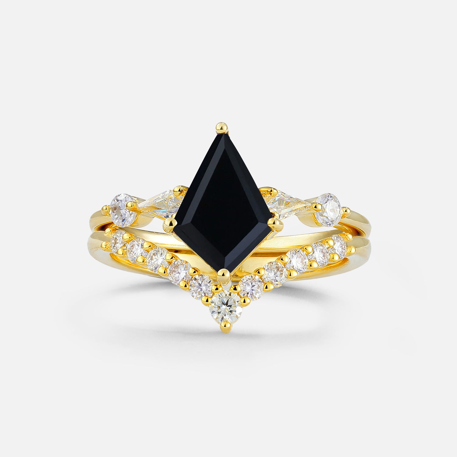Classic 4 Prong Sparkling Kite-Cut Black Onyx Bridal Ring Set
