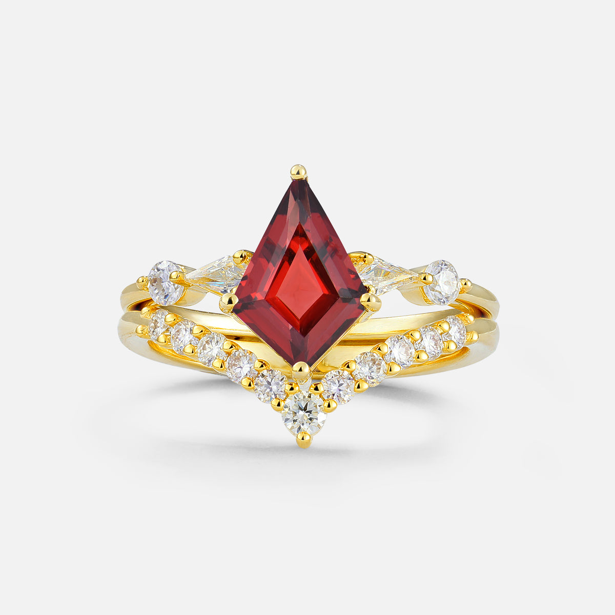 Classic 4 Prong Sparkling Kite-Cut Garnet Bridal Ring Set