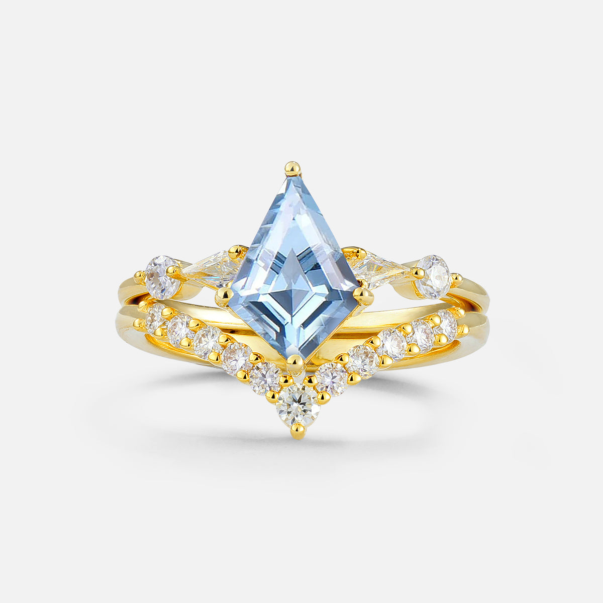 Classic 4 Prong Sparkling Kite-Cut Aquamarine Bridal Ring Set