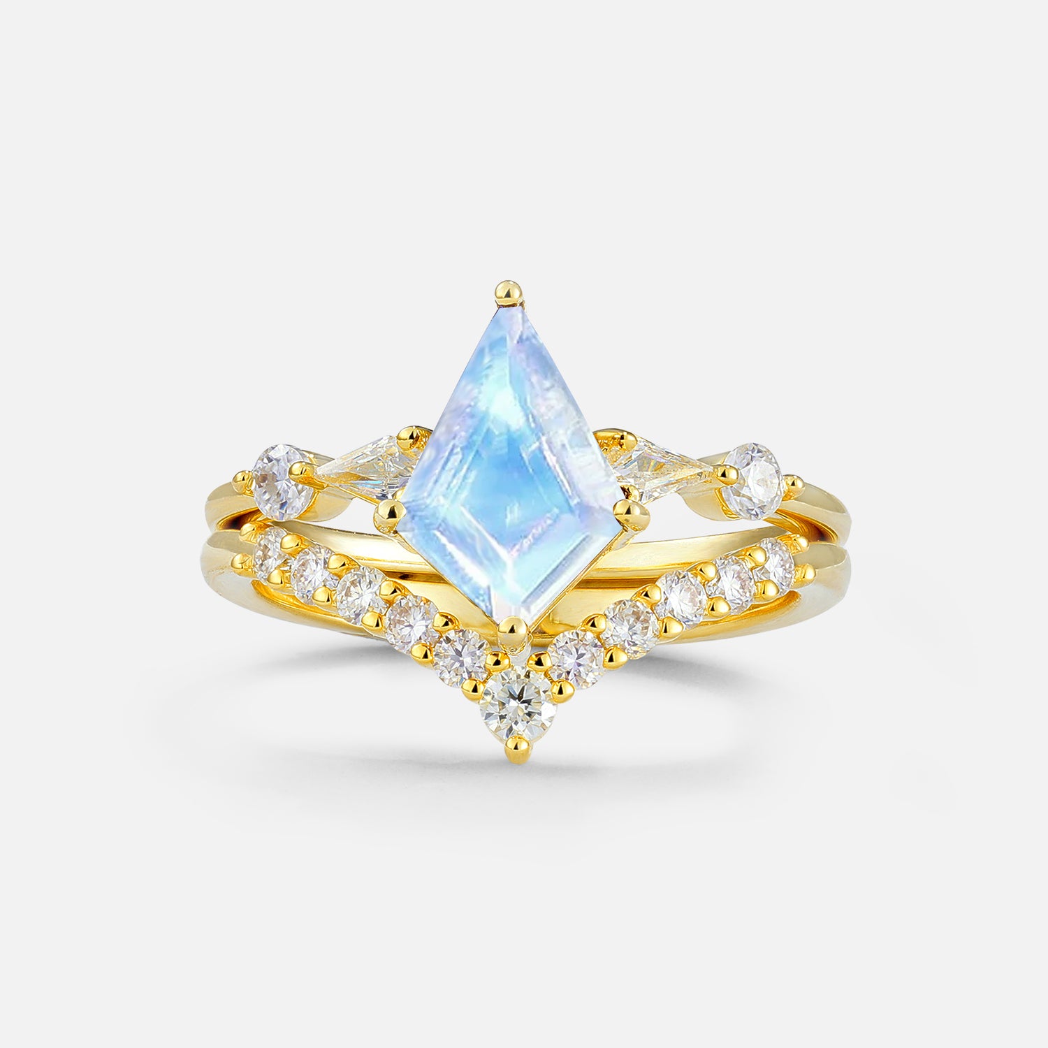 Classic 4 Prong Sparkling Kite-Cut Moonstone Bridal Ring Set