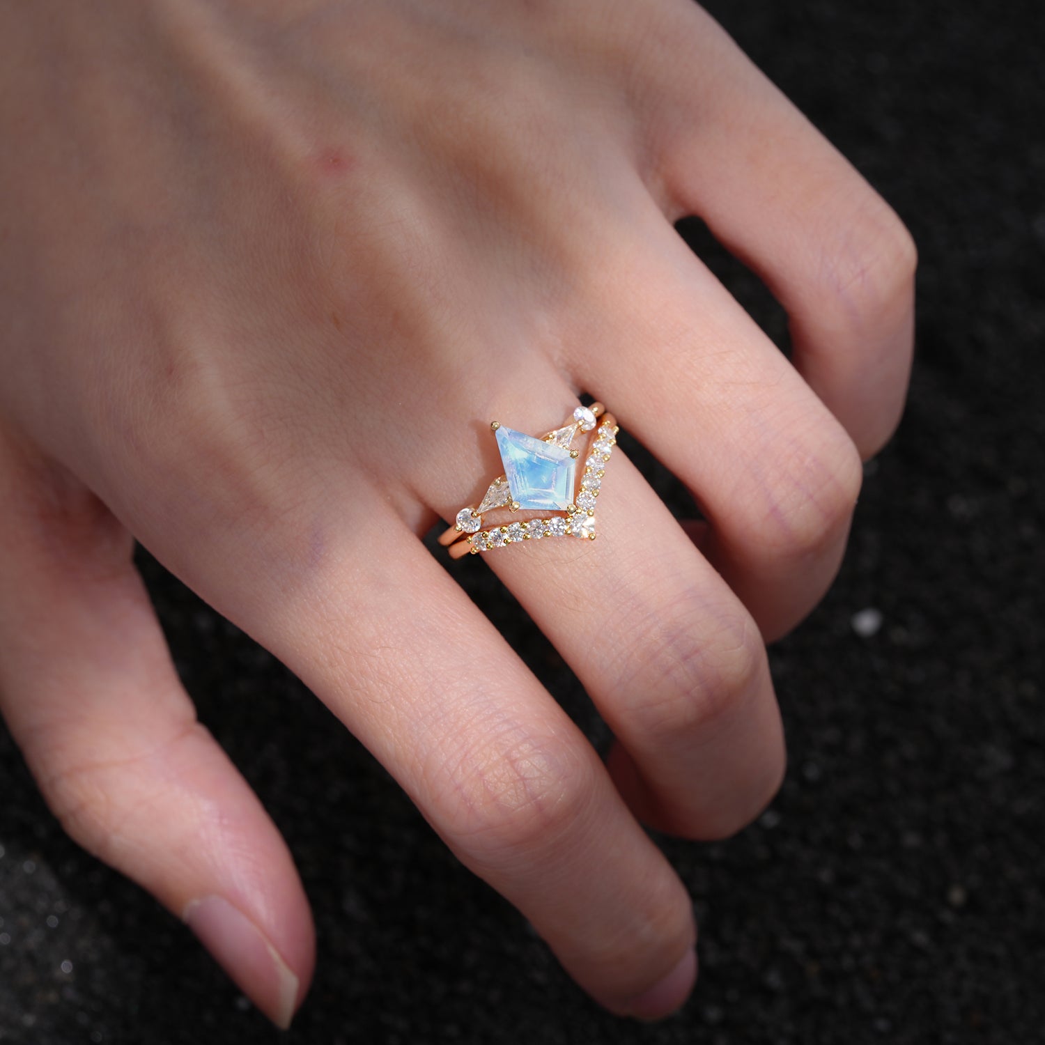 Classic 4 Prong Sparkling Kite-Cut Moonstone Bridal Ring Set